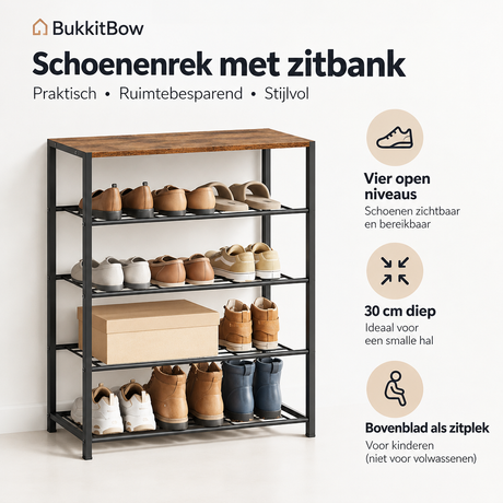 Zwart schoenenrek met zitbank, 4 lagen, stalen frame, afmetingen 63x30x87 cm, ideaal voor schoenen en zitplek.