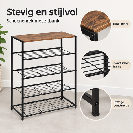 Zwart schoenenrek met zitbank, 4 lagen, stalen frame, afmetingen 63x30x87 cm, geschikt voor schoenen en opslag.