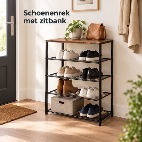 Zwart schoenenrek met zitbank van BukkitBow, 4-laags stalen frame, ideaal voor schoenenopslag en zitcomfort, afmetingen 63x30x87 cm.