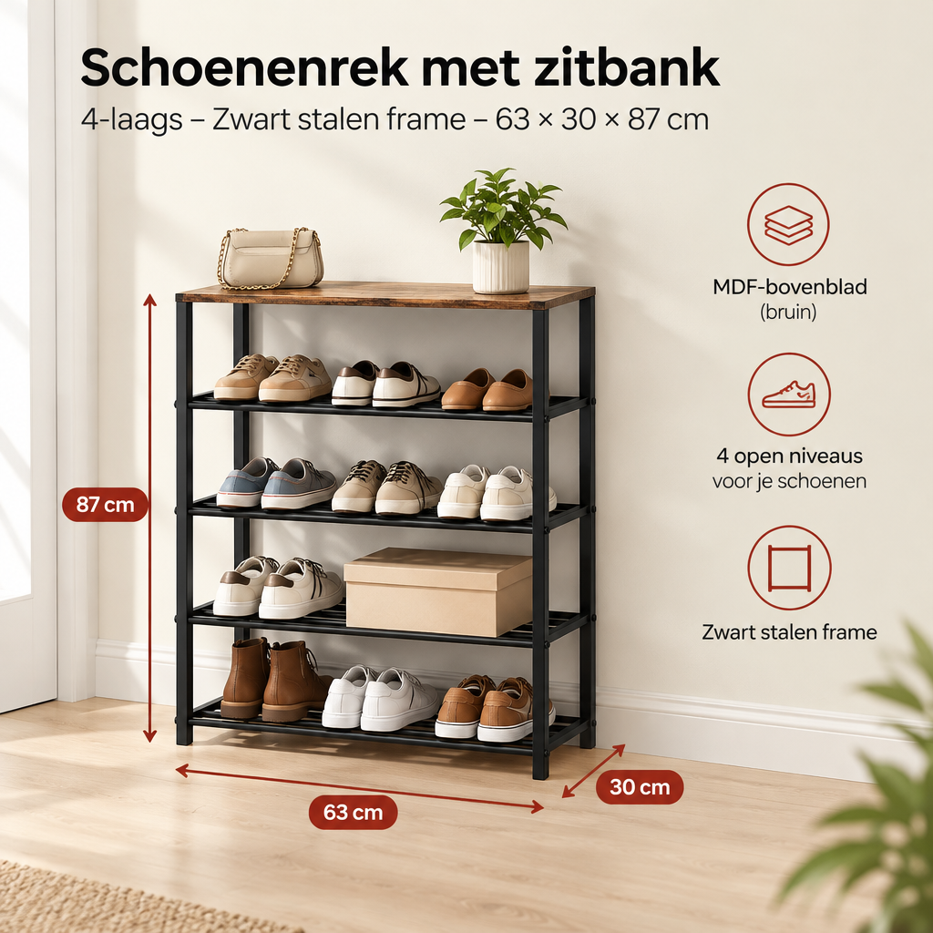 Afmetingen en productspecificaties van schoenenrek met zitbank