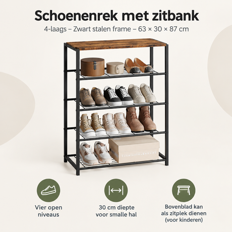 Zwart schoenenrek met zitbank van BukkitBow, 4 lagen, staalframe, 63x30x87 cm, functioneel en modern ontwerp
