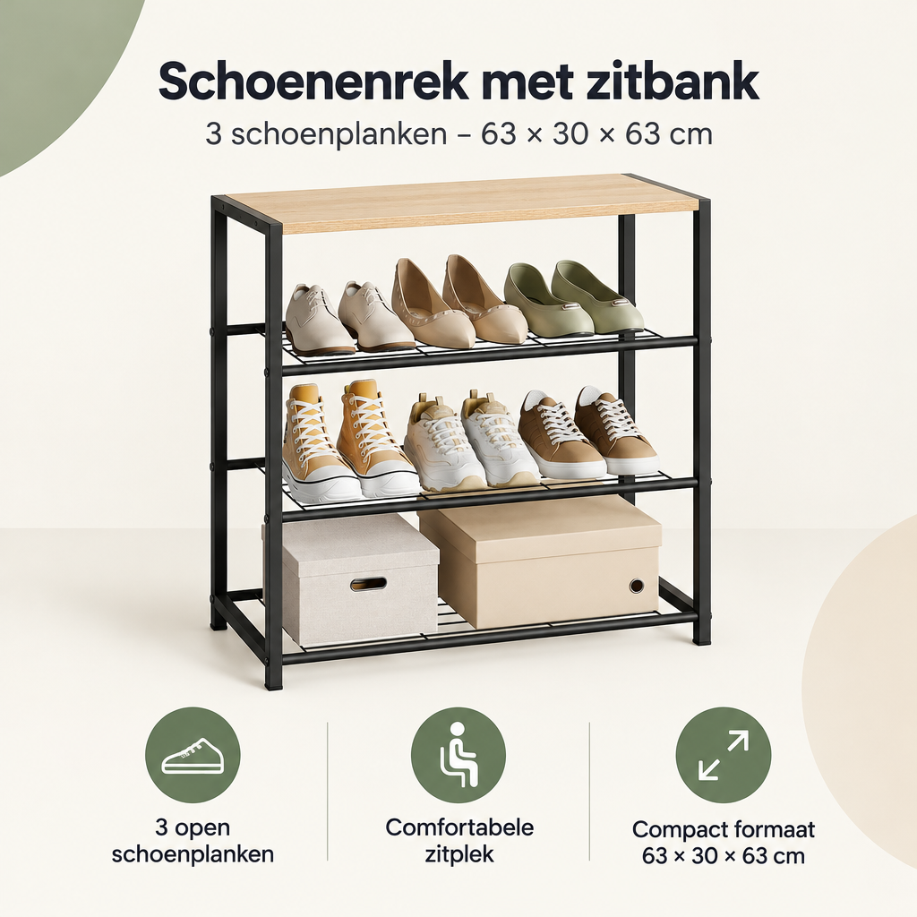 Overzicht van schoenenrek met zitbank met de belangrijkste productvoordelen