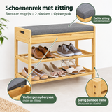 Detail van materiaal en afwerking van schoenenrek met zitting