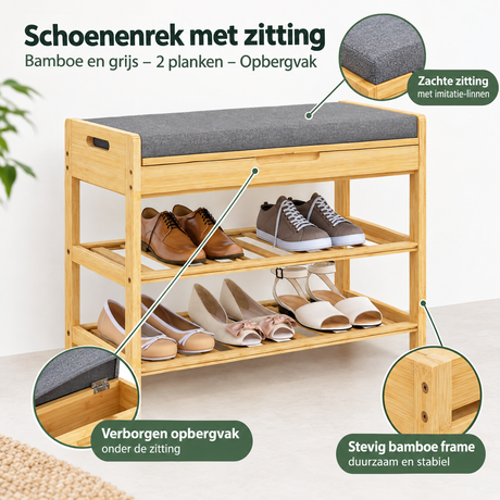 Detail van materiaal en afwerking van schoenenrek met zitting