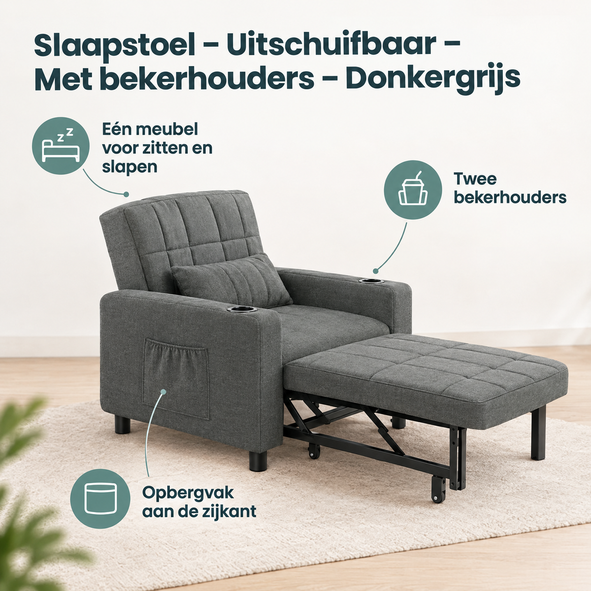 Donkere grijze BukkitBow slaapstoel met uitschuifbare functie en bekerhouders, ideaal voor comfortabel ontspannen.