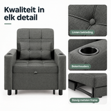 Donkergrijze BukkitBow slaapstoel met uitschuifbare functie, bekerhouders en zachte stof voor comfortabel zitten en slapen.