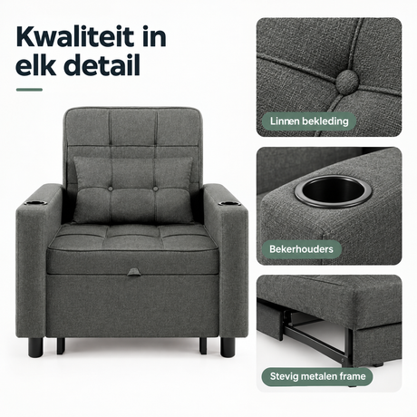 Donkergrijze BukkitBow slaapstoel met uitschuifbare functie, bekerhouders en zachte stof voor comfortabel zitten en slapen.