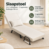 BukkitBow slaapstoel 3-in-1 uitklapbaar met 5 rugstanden en bedlengte 184 cm, geschikt voor comfortabel slapen en relaxen.