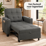 Donkergrijze BukkitBow slaapstoel met uitschuifbare lay-out en bekerhouders, ideaal voor ontspanning en comfort.