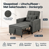 Donkergrijze BukkitBow slaapstoel met uitschuifbare slaapfunctie en bekerhouders, zichtbaar op specificatieplaatje.