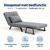 BukkitBow slaapstoel met bedfunctie, 3-in-1, 5 rugstanden en 190 cm bedlengte, in een comfortabele zithouding.