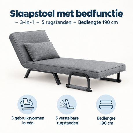 BukkitBow slaapstoel met bedfunctie, 3-in-1, 5 rugstanden en 190 cm bedlengte, in een comfortabele zithouding.