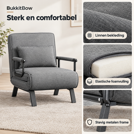 BukkitBow slaapstoel met bedfunctie, 3-in-1, 5 rugstanden en lengte 190 cm, detail van het materiaal en ontwerp.