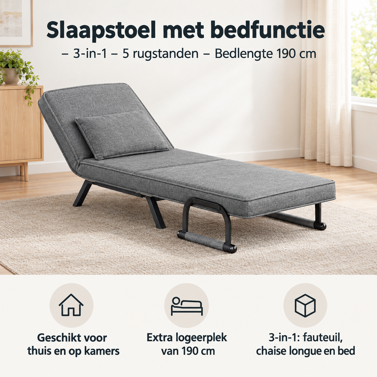 BukkitBow slaapstoel met bedfunctie, 3-in-1, verstelbare rugstanden en 190 cm bedlengte, geschikt als praktische slaapoplossing