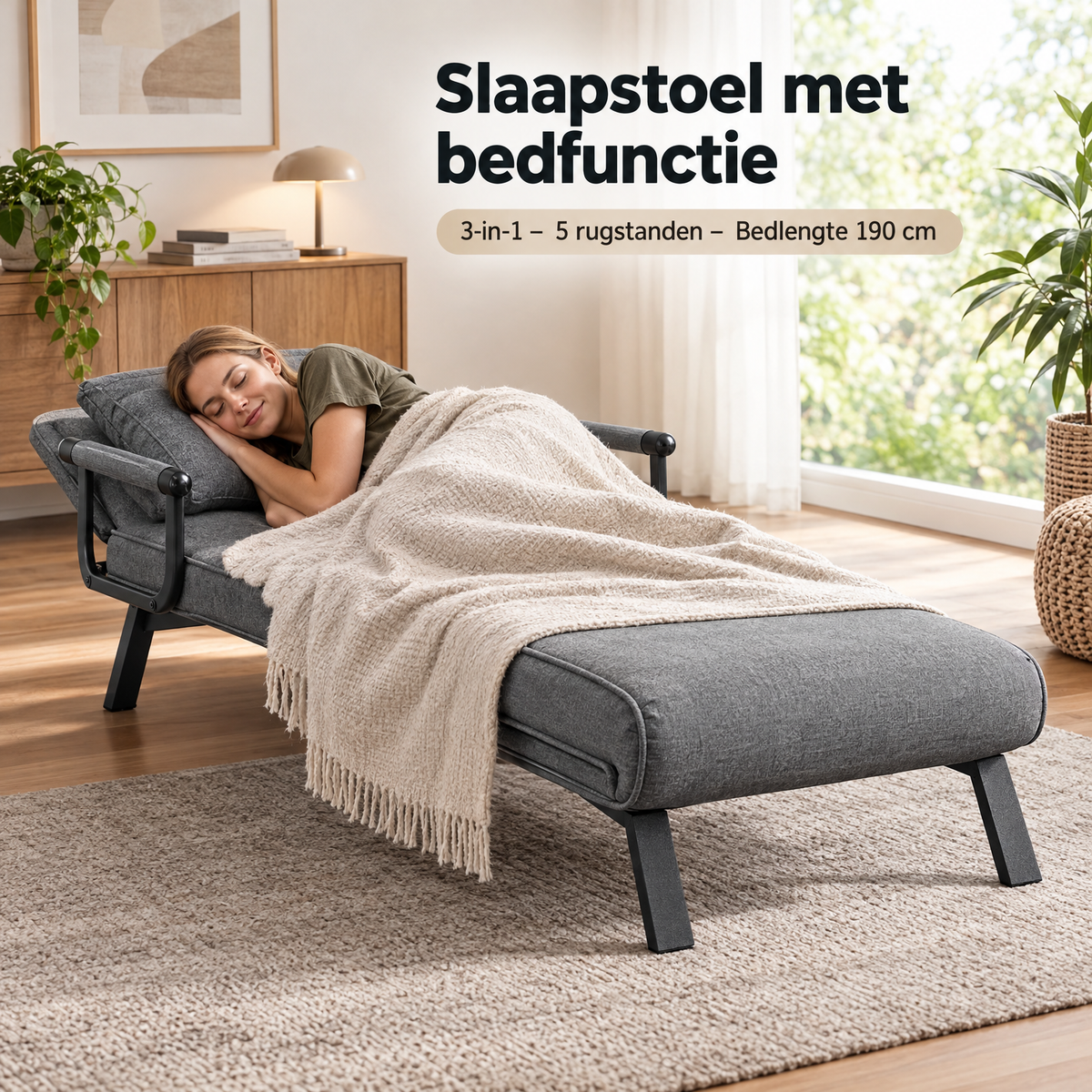 BukkitBow slaapstoel met bedfunctie, 3-in-1, verstelbare rugstanden en lengte van 190 cm, geschikt voor lounge en slapen.