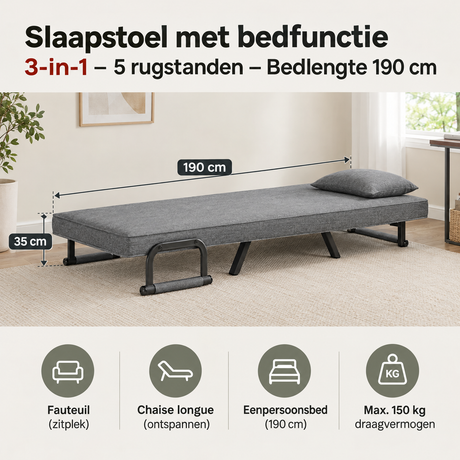 BukkitBow slaapstoel met bedfunctie, 3-in-1 ontwerp, 5 rugstanden, bedlengte 190 cm, zichtbaar in de afbeelding