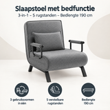 BukkitBow slaapstoel met bedfunctie, 3-in-1, 5 rugstanden en 190 cm bedlengte, overzicht van kernvoordelen