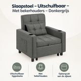 Donkere grijze BukkitBow slaapstoel met uitschuifbare slaapfunctie en bekerhouders, overzicht van kernvoordelen.