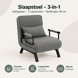 Uitklapbare BukkitBow slaapstoel met 5 rugstanden en bedlengte van 184 cm, overzicht van kernvoordelen.