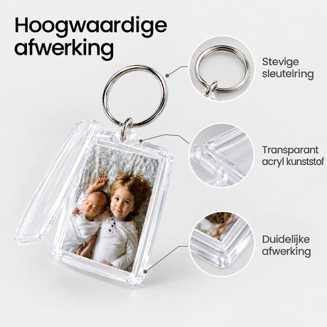 Detail van materiaal en afwerking van sleutelhanger met fotohouder