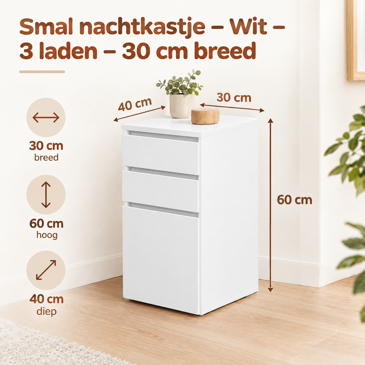 Wit smal nachtkastje met drie laden van BukkitBow, 30 cm breed, geschikt voor slaapkamer of woonruimte.
