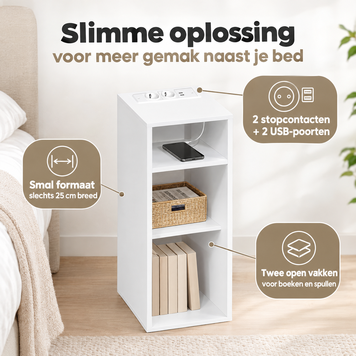 Wit klein nachtkastje van BukkitBow met stopcontact en 2 USB-poorten, 25 cm breed, geschikt voor slaapkamer of woonkamer.