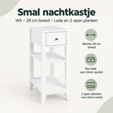 Wit smal nachtkastje van BukkitBow met lade en 2 open planken, 28 cm breed, ideaal voor slaapkameropbergruimte.