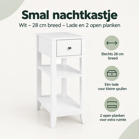 Wit smal nachtkastje van BukkitBow met lade en 2 open planken, 28 cm breed, ideaal voor slaapkameropbergruimte.