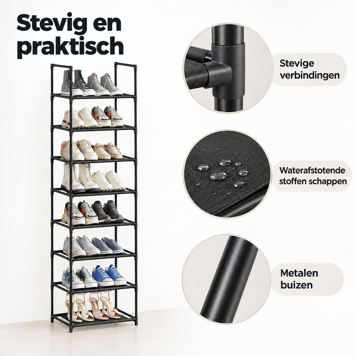 Detail van materiaal en afwerking van smal schoenenrek