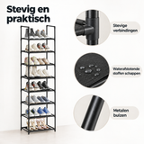 Detail van materiaal en afwerking van smal schoenenrek