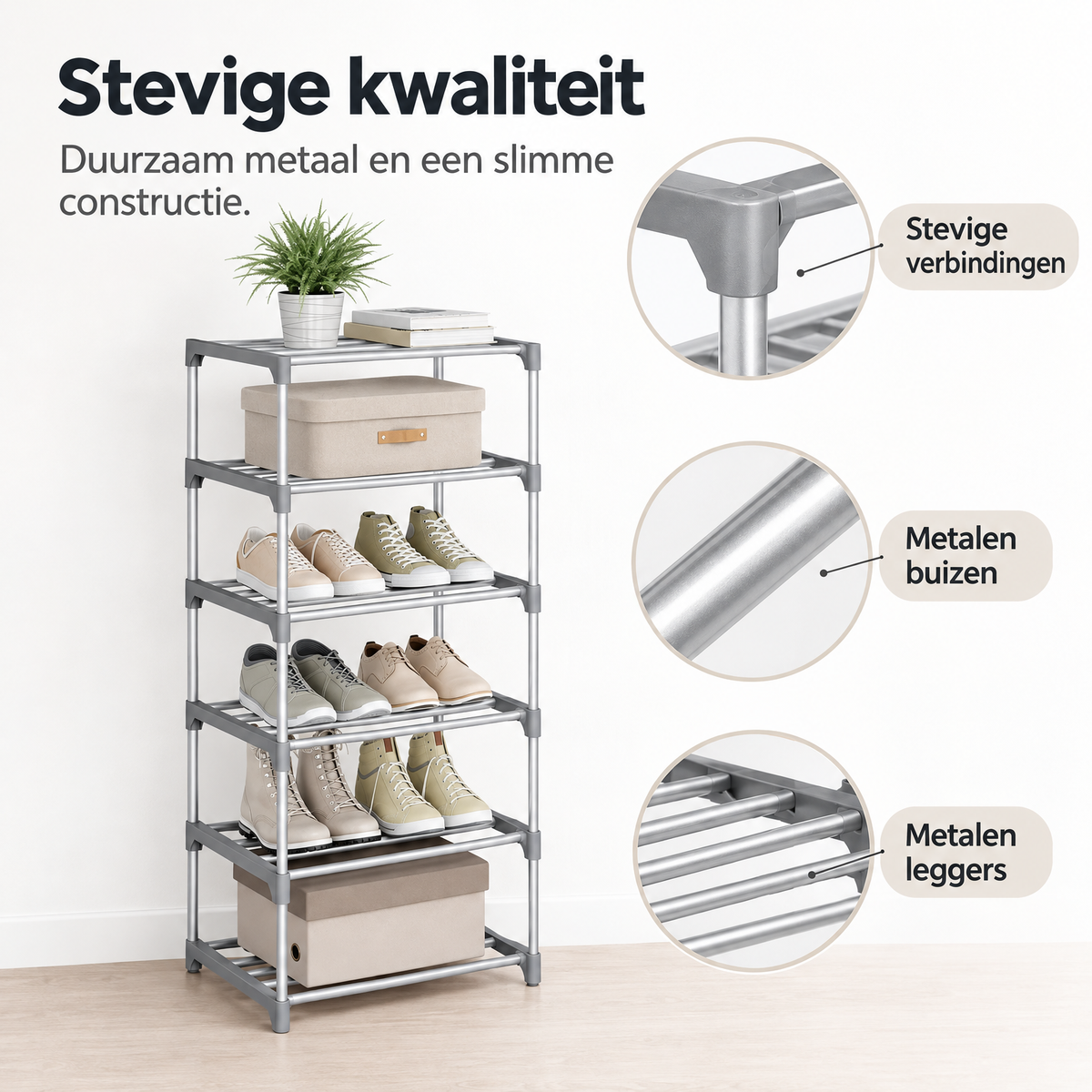 Detail van materiaal en afwerking van smal schoenenrek