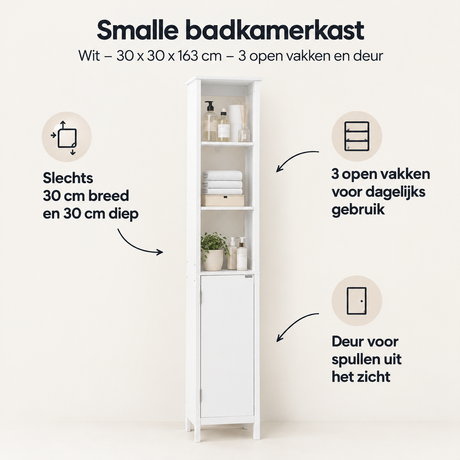 Witte smalle badkamerkast van BukkitBow, 30x30x163 cm met 3 open vakken en deur voor opbergruimte in de badkamer.