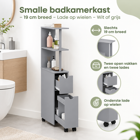 Witte of grijze smalle badkamerkast van BukkitBow, 19 cm breed met lade op wielen voor compacte opbergruimte