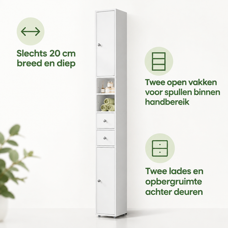Smalle badkamerkast van BukkitBow, 20x20x180 cm met 2 lades en verstelbare planken voor praktische badkameropslag.