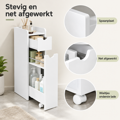 Smalle badkamerkast van BukkitBow, 16 cm breed, met 2 lades en witte afwerking, geschikt voor kleine badkamers.
