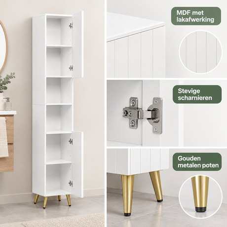 Witte smalle badkamerkast van BukkitBow met verstelbare planken, afmetingen 30x28x180 cm, geschikt voor compacte badkamers.