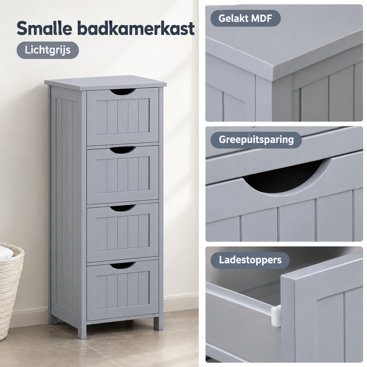 Detail van materiaal en afwerking van smalle badkamerkast