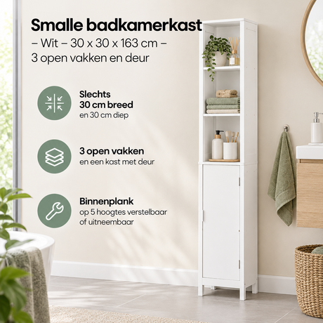 Witte badkamerkast van BukkitBow, smal ontwerp 30x30x163 cm met 3 open vakken en deur, geschikt voor kleine badkamers.