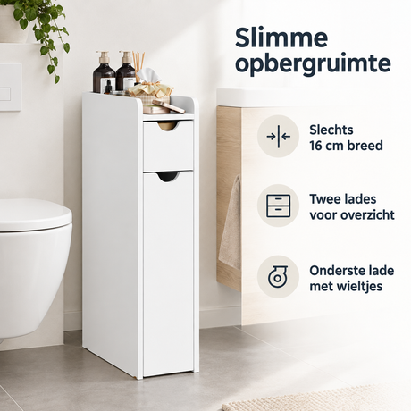 Smalle witte badkamerkast van BukkitBow, 16 cm breed met 2 lades, ideaal voor compacte badkamers.