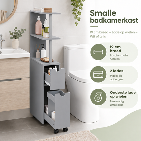 Smalle badkamerkast van BukkitBow, 19 cm breed, met lade op wielen in wit of grijs, praktische opbergoplossing voor kleine badkamers