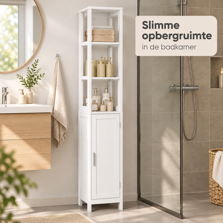 Witte badkamerkast van BukkitBow, 30x30x163 cm, met 3 open vakken en deur, geschikt voor smalle badkamers.