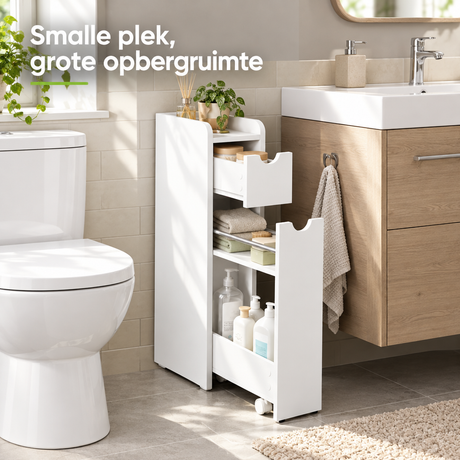 Witte smalle badkamerkast van BukkitBow met 16 cm breed en twee lades, geschikt voor compacte badkamers.