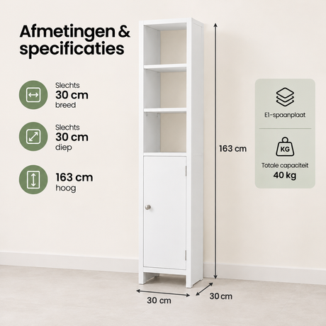 Witte badkamerkast van BukkitBow, smal ontwerp met 3 open vakken en een deur, afmetingen 30x30x163 cm, voor badkameropslag.