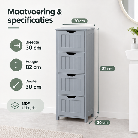 Afmetingen en productspecificaties van smalle badkamerkast