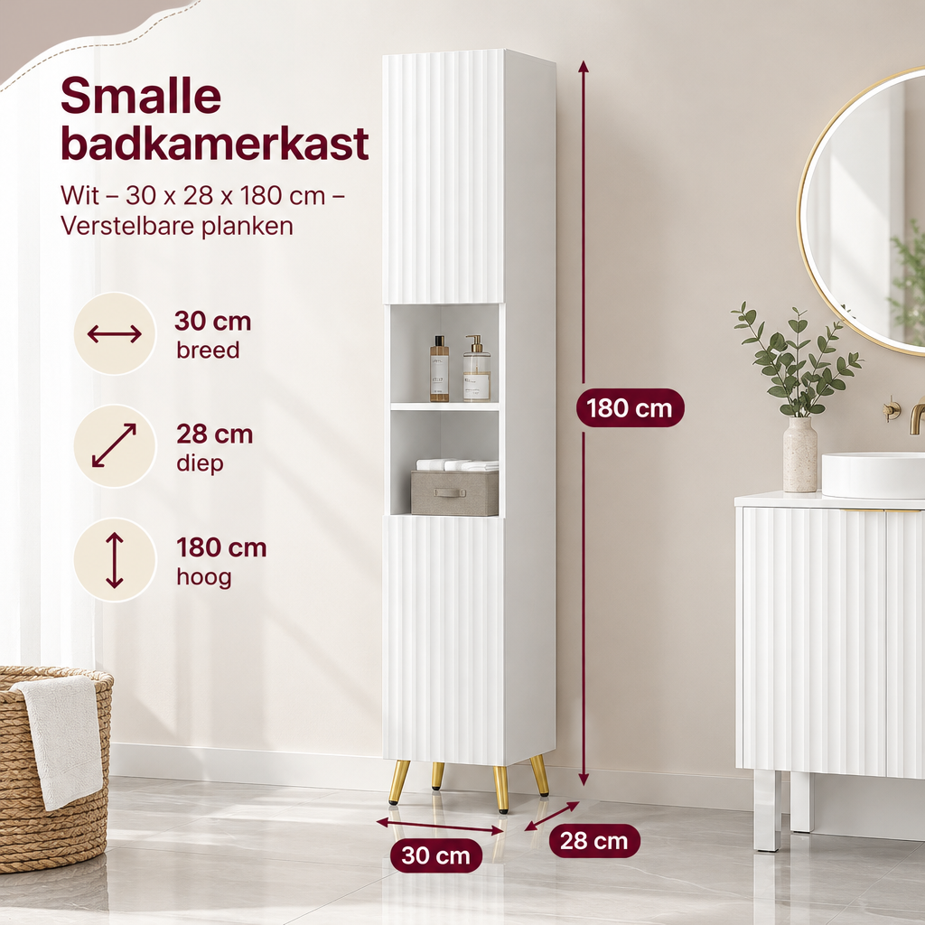 Witte smalle badkamerkast van BukkitBow met verstelbare planken, afmetingen 30 x 28 x 180 cm, geschikt voor compacte badkamers.