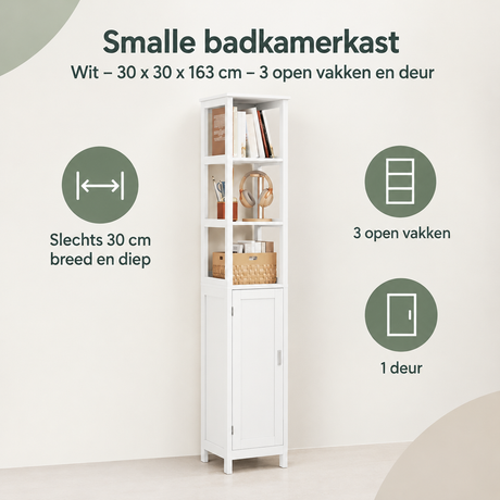 Smalle witte badkamerkast van BukkitBow met 3 open vakken en deur, afmeting 30x30x163 cm, ideaal voor beperkte ruimtes