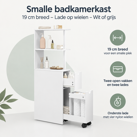 Smalle badkamerkast van BukkitBow, 19 cm breed met lade op wielen in wit of grijs, ideaal voor compacte badkamers.