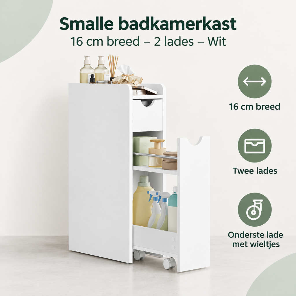 Overzicht van smalle badkamerkast met de belangrijkste productvoordelen