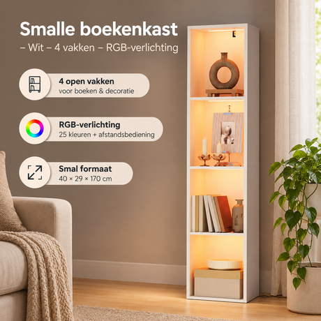 Smalle witte boekenkast van BukkitBow met vier vakken en ingebouwde RGB-verlichting voor een moderne uitstraling.