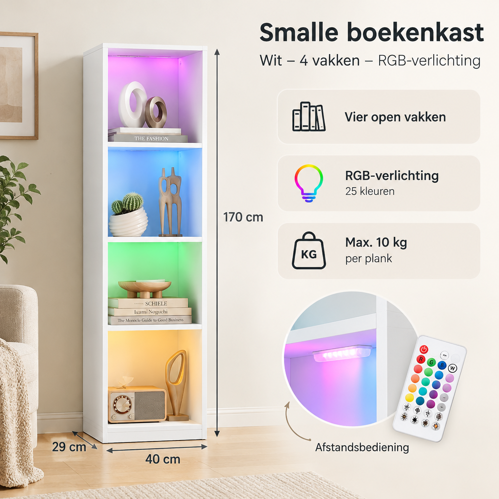Afmetingen en productspecificaties van smalle boekenkast